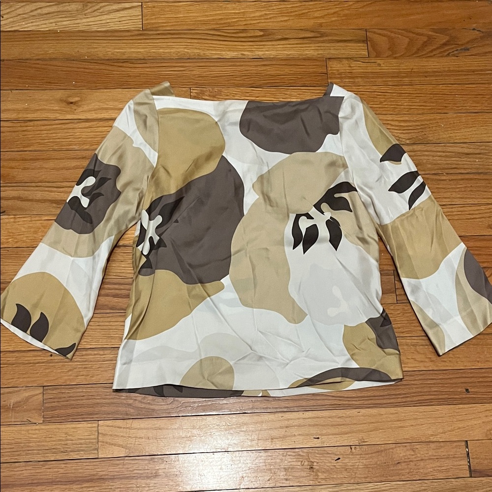 J Crew Silk Floral Print Women's 3/4 Sleeve Blouse - Brown and Cream